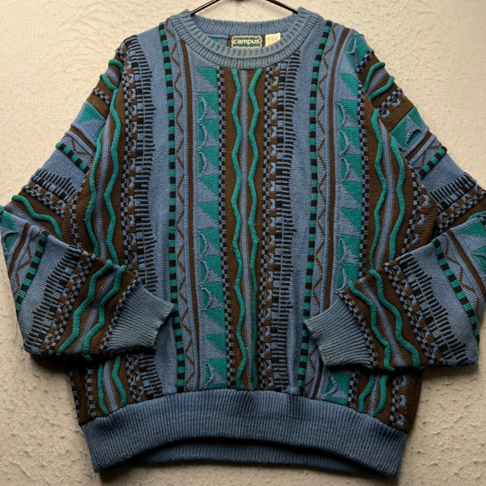 Vintage Campus Mens XL 3D Knit Sweater Blue Brown Geometric Coogi Style USA Made